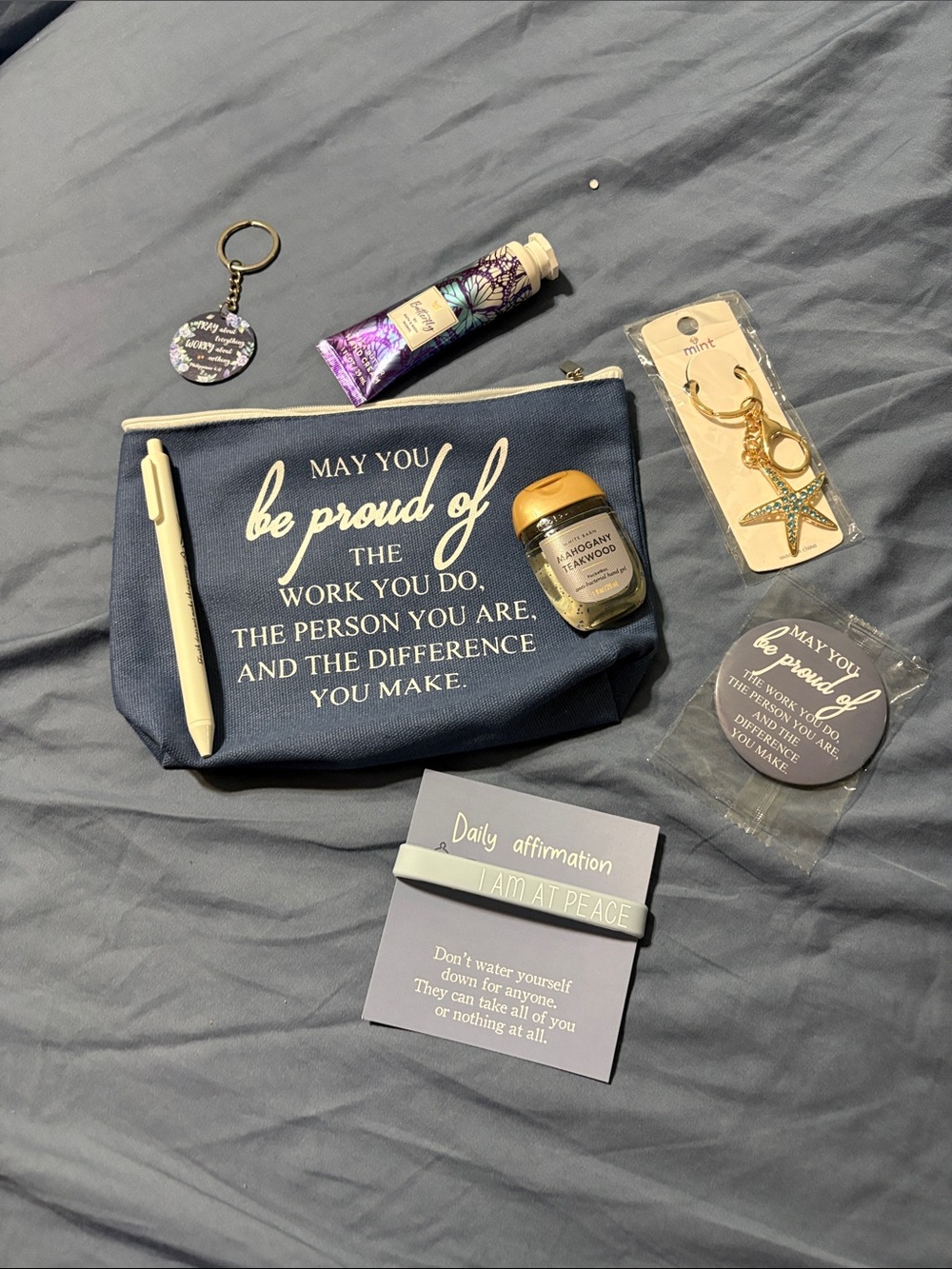 Inspirational Navy Canvas Makeup Pouch with Affirmation Print, pen, keychain,etc